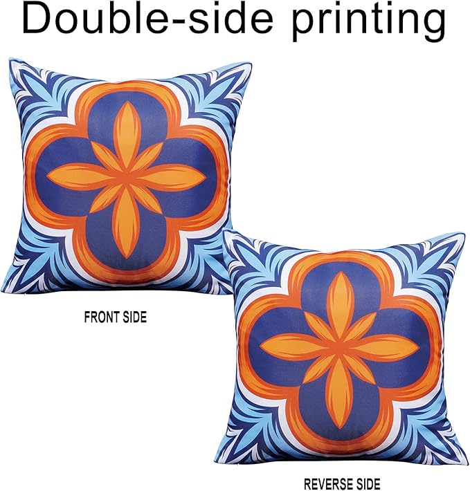 ONWAY Outdoor Pillow Covers Waterproof Set of 4 Floral Boho Decorative Throw Cushion Cover Farmhouse Pillows for Bench, Couch, Sunbrella and Patio Furniture (BlueOrange, 18x18 Inch)