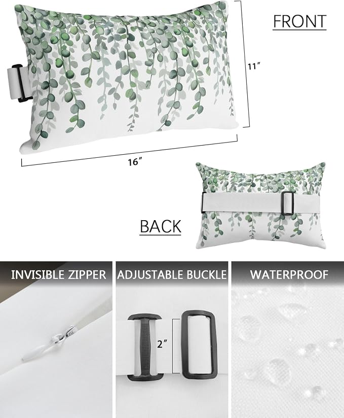 Outdoor Pillows Waterproof Covers Set of 2, Green Eucalyptus Leaves Adjustable Elastic Chaise Lounge Headrest Pillow Covers, Watercolor Branches Lumbar Pillow for Pool Beach Patio Furniture 11x16 Inch