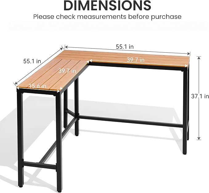 Crestlive Products Outdoor Bar Table, L-Shaped 55'' All-Weather Metal Frame with Slatted Tabletop, Patio Pub Counter Height High Top Table for Balcony, Backyard, Bistro, Garden, and Poolside, Brown