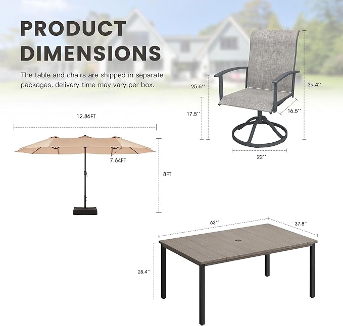 7 Pieces Patio Dining Set with Patio Umbrella, Outdoor Furniture of 63" Rectangular Patio Table and Patio Swivel Chairs for Backyard Lawn Garden, Grey Table and Grey Chairs