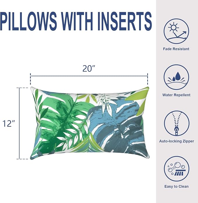 Outdoor Lumbar Pillows, Water Repellent Cushion Pillows 12x20 Inch, Outdoor Pillows with Inserts for Home Garden, Pack of 2, Islamorada Blue Green