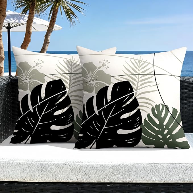 OTOSTAR Outdoor Waterproof Throw Pillow Covers 18x18 Inch Set of 2 Double-Sided Black Grey Tropical Leaf and Flower Spring Summer Decorative Pillow Cases for Patio Funiture Garden Balcony Couch