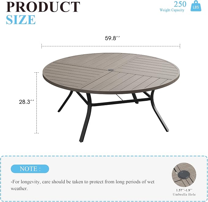 VICLLAX 60" Round Patio Table with Umbrella Hole, All Weather Metal Outdoor Dining Table for 8, Outside Table for Lawn Garden, Grey Wood-Grain Finish