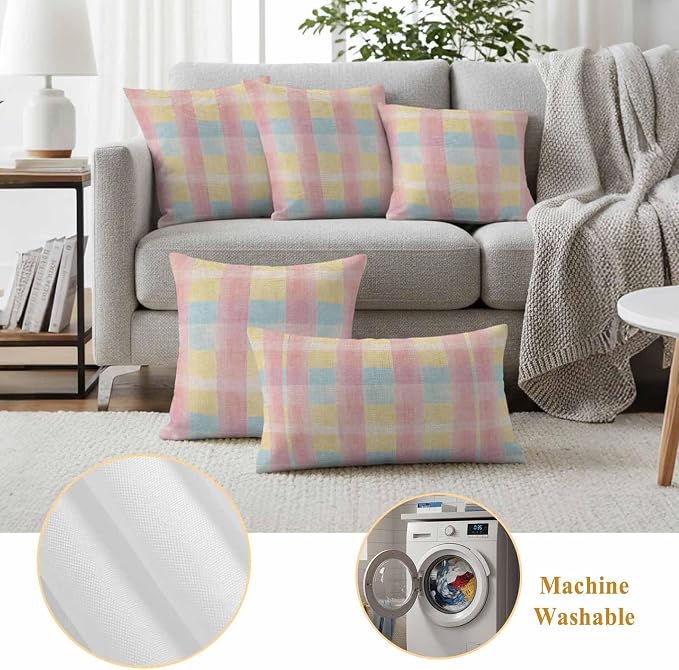 Colorful Plaids Outdoor Waterproof Throw Pillow Covers Set of 2, 18"x18", Pink Blue Yellow Stripes Geometric Rustic Decorative Pillow Covers Outside Cushion Case for Patio Porch Garden