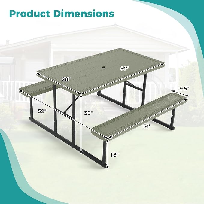 Giantex Picnic Table Bench Set for 4 People, 4.5FT Outdoor Rectangular Dining Table & 2 Benches w/Umbrella Hole, HDPE Tabletop, Metal Frame, Patio Garden Backyard Poolside, Green