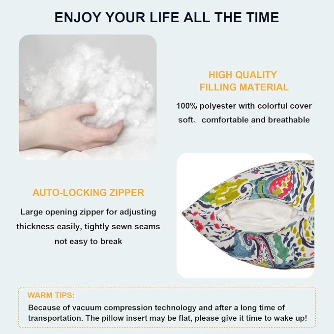 DYTXIII Pack of 2 Waterproof Outdoor Pillow with Inserts, 18x18 Square Patio Decorative Throw Pillow for Home,Sofa,Bench and Patio Furniture,Paisley Paradise