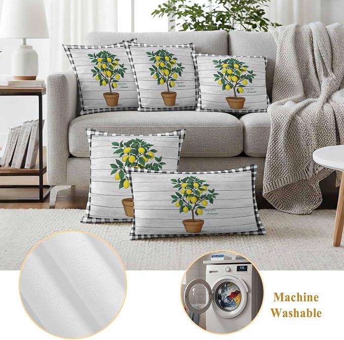 Summer Yellow Lemons Outdoor Waterproof Pillow Covers Set of 2, Green Leaf Botanical Gardens Wood Grain Plaid Pillowcase Decorative Throw Cushion Cases for Patio Garden Couch 16 x 16 Inches