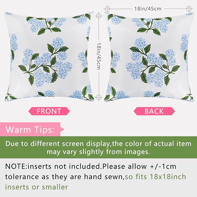 cygnus Waterproof Outdoor Pillow Covers 18x18 Inch Blue Green Hydrangea Floral Spring Summer Outdoor Pillows for Patio Furniture Garden Bench Home Decor
