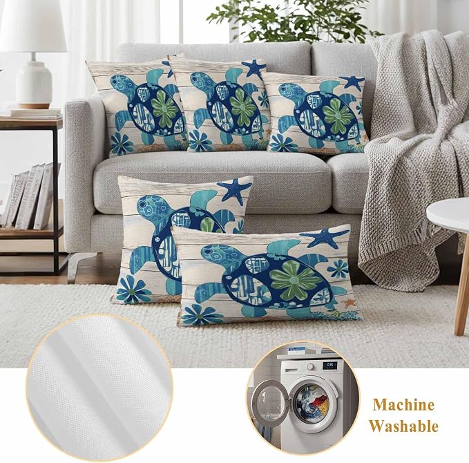 Ocean Turtle Outdoor Waterproof Throw Pillow Covers Set of 2, 26"x26", Sea Animals Rustic Wooden Board Decorative Pillow Covers Outside Cushion Case for Patio Porch Garden
