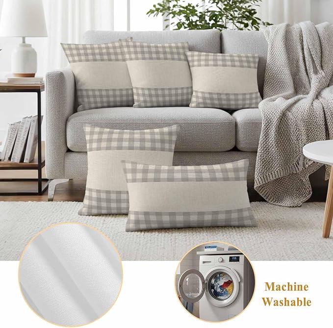 Retro Grey Outdoor Waterproof Pillow Covers, Farmhouse Buffalo Plaid Vintage Beige Decorative Rectangle Throw Pillowcase Sofa Cushion Sham for Patio/Couch/Chair, 20"x12" 2 Pack