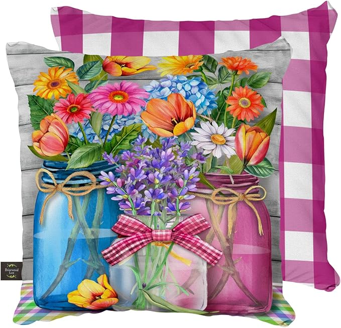 Briarwood Lane Spring Indoor/Outdoor Pillow 17x17 Spring Floral Jars Rustic Decorative for Spring Pillow