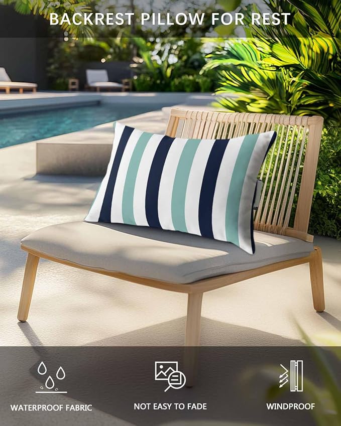 Pack of 4 Outdoor Lumbar Pillow Covers 11x16 Inch, Turquoise Navy Blue Striped Waterproof Throw Pillow Covers Set, Farmhouse Stripe Art Indoor&Outdoor Decorative Cushion Cases for Patio Porch Beach