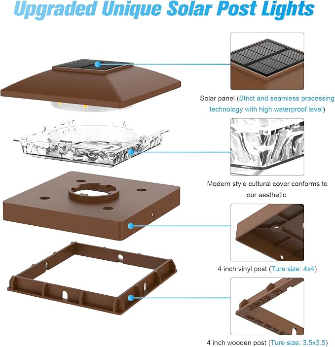 VOLISUN 4x4 Solar Post Cap Light 6pack,Solar Fence - Post Lights Brown Outdoor Waterproof for Wooden/Vinyl Post, with Warm White for Deck