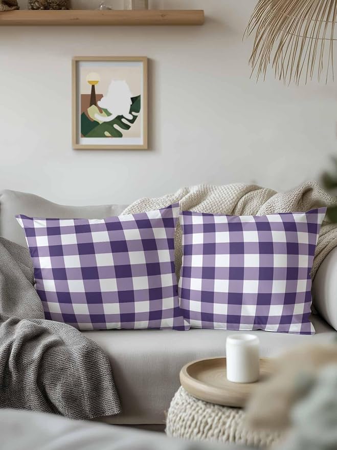 Waterproof Outdoor Pillow Set of 2 Purple Buffalo Plaid Decorative Throw Pillows Cover & Insert 16x16 Inch Pillowcase Check Lines Square Pillows for Couch Sofa Bed Patio Furniture Indoor Outdoor