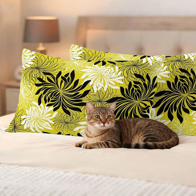 Yukro Yellow Black Floral Outdoor Waterproof Pillow Covers Pack of 2, Vintage Yellow White Black Flower Decorative Throw Pillowcases Cushion Covers for Garden Patio Tent Sofa Couch, 20x12 inch