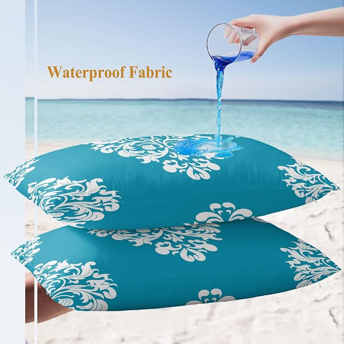 Outdoor Waterproof Pillow Covers for Patio Vintage Floral Teal Decorative Throw Pillow Cover Rustic Pillowcases Set of 2 Cushion Case for Sofa Couch Chair 12x20 Inch