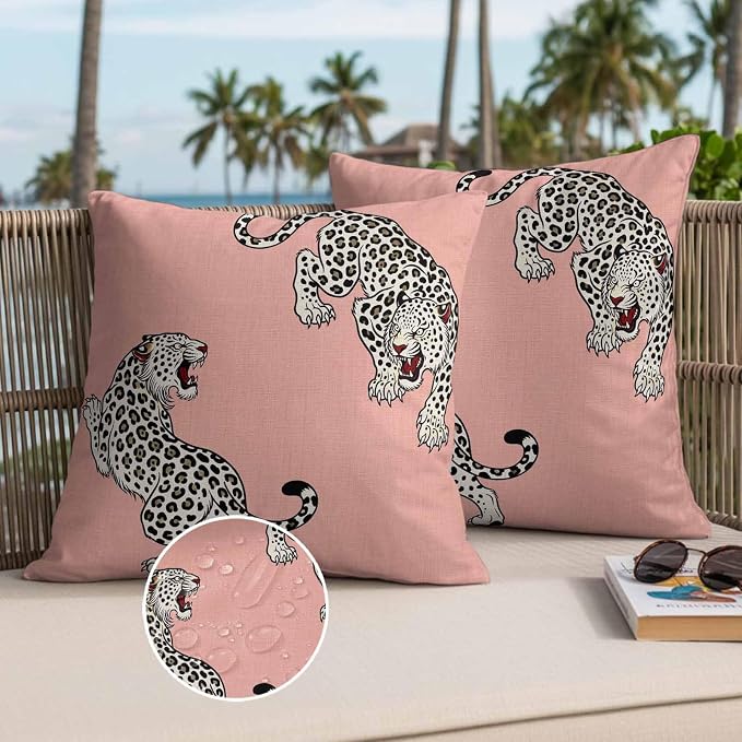 Yukro Pink Leopard Outdoor Waterproof Pillow Covers Pack of 2, Modern Style Wild Animal Rustic Linen Texture Throw Pillowcases Decorative Cushion Covers for Garden Patio Tent Sofa Couch, 20x20 inch