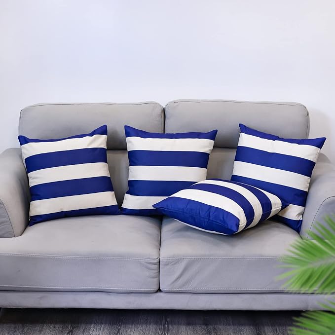 tiggell 4 Pack Waterproof Pillow Covers Outdoor Throw Pillowcases Decorative Garden Cushion Case for Home Garden Patio Couch Balcony Striped (18 * 18 inch, Blue & White)