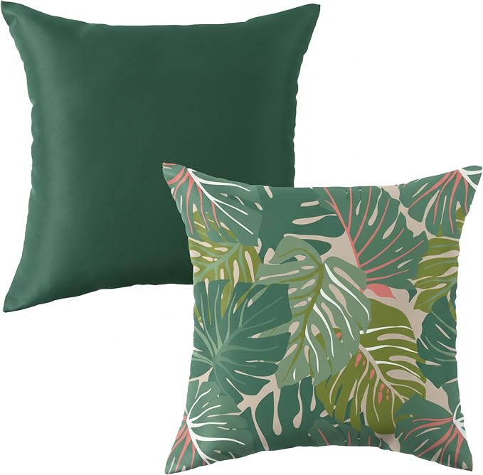 16 x 16 Inch Tropical Monstera Outdoor Pillow, Green Waterproof Patio Throw Cushion for Porch Furniture, Fade Resistant Square Decorative Pillow with Reversible Design