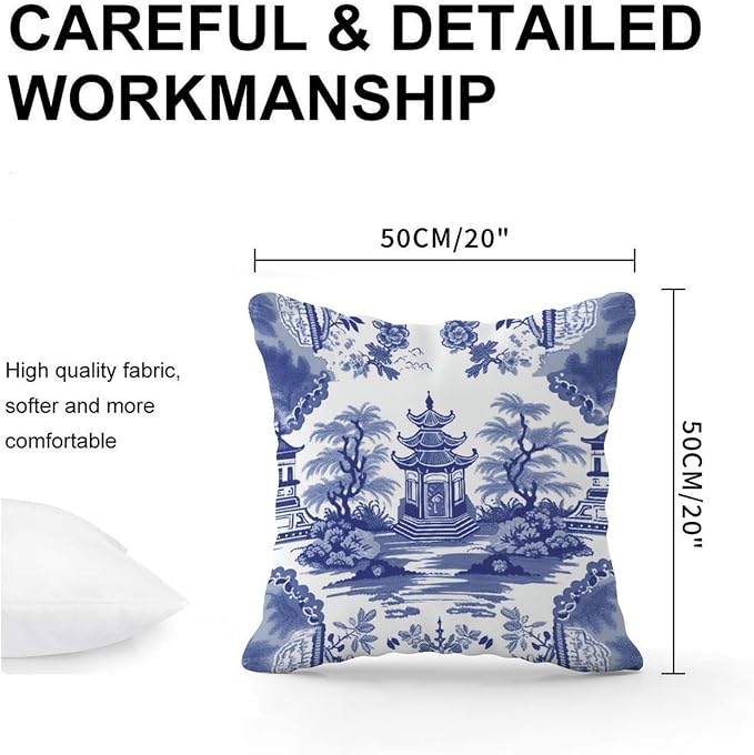 Pillowcase Chinoiserie Blue Asian Pagoda Pillows Rustic Chinoiserie Chic Asian Pillow Cover Accent Modern Decorative Pillow Covers for Patio Tent Couch 20x20 in
