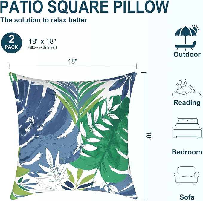DYTXIII Pack of 2 Waterproof Outdoor Pillow with Inserts, 18x18 Square Patio Decorative Throw Pillow for Home,Sofa,Bench and Patio Furniture,Islamorada Blue Green