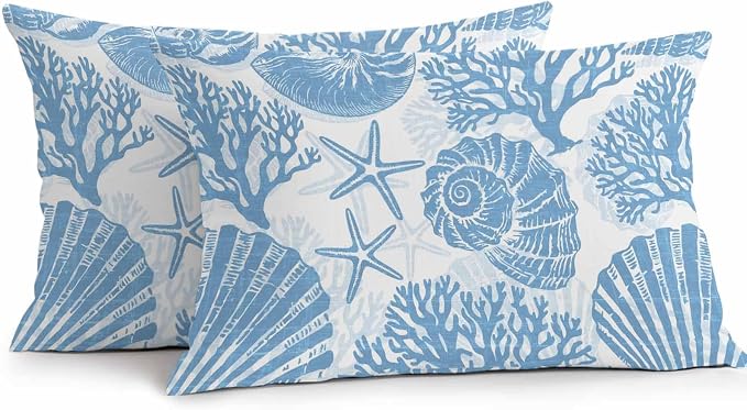 Lumbar Pillow Covers 20x12 Inch Set of 2, Blue Coastal Waterproof Outdoor Pillow Covers, Beach Starfish Nautical Coral Shell Summer Decorative Cushion Pillowcases for Couch, Sofa, Bed, Garden, Patio