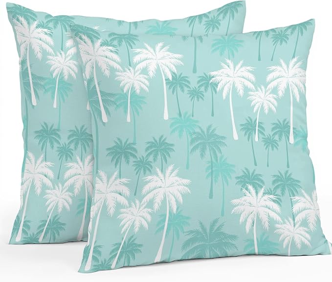 Throw Pillow Covers 24x24 Inch Set of 2, Tropical Palm Tree Waterproof Outdoor Pillow Covers, Turquoise White Plants Coastal Leaf Beach Decorative Cushion Pillowcases for Patio, Garden, Couch, Sofa