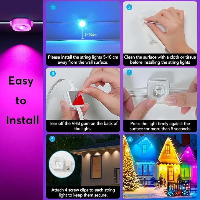 RaThun Permanent Outdoor Lights, 300ft Smart RGB+IC LED Lights Outside with 16 Million DIY Colors, IP67 Waterproof Eternity Eaves Lighting for Christmas Halloween Holiday Daily Decorations