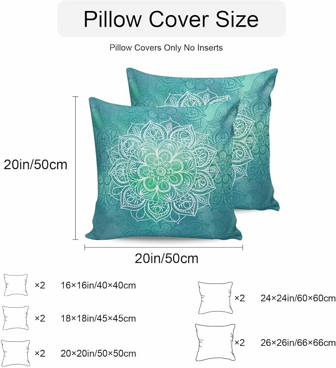 Vandarllin Outdoor Throw Pillows Covers 24x24 inch Set of 2 Waterproof Turquoise Boho Floral Decorative Zippered Cushion Covers for Patio Furniture, Bohemian Flower Lumbar Pillowcases