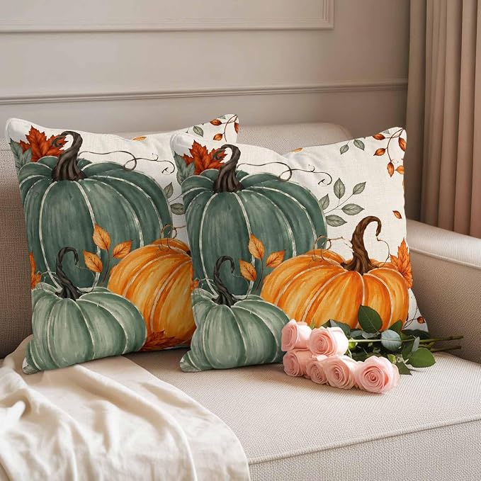 Green Orange Fall Waterproof Outdoor Pillow Covers 16''x16'' Set of 2, Maple Leaves Thanksgiving Patio Furniture Cushion Covers for Chairs,Decorative Farmhouse Beige Pillow Cases for Garden/Pool/Beach