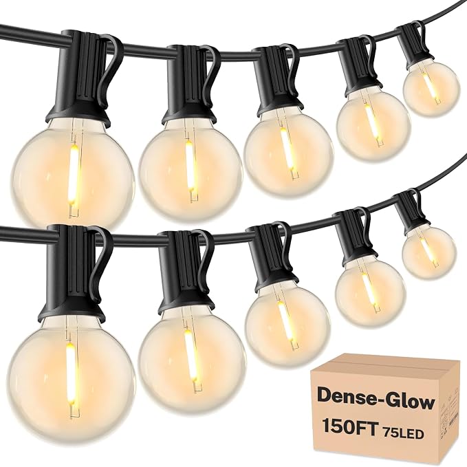 RTTY String Lights for Outside 150 FT, Waterproof Patio Light 77 LED Bulbs | Shatterproof Dimmable G40 Outdoor Lights, Hanging Connectable Lighting for Deck, Balcony, Porch, Cafe, Warm White
