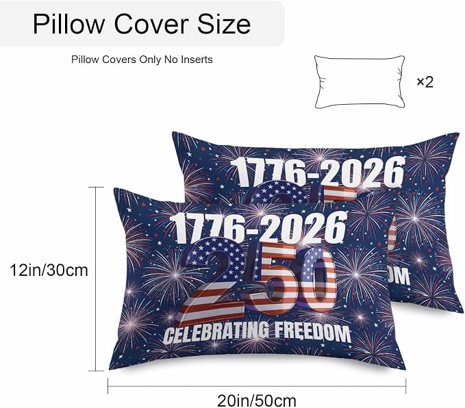 250 Anniversary USA Flag Outdoor Pillow Covers 20x12 Inch Lumbar Pillow Covers Set of 2 Waterproof Decorative Throw Pillow Cases Blue American Flag 250 Fireworks Cushion Covers for Patio Furniture