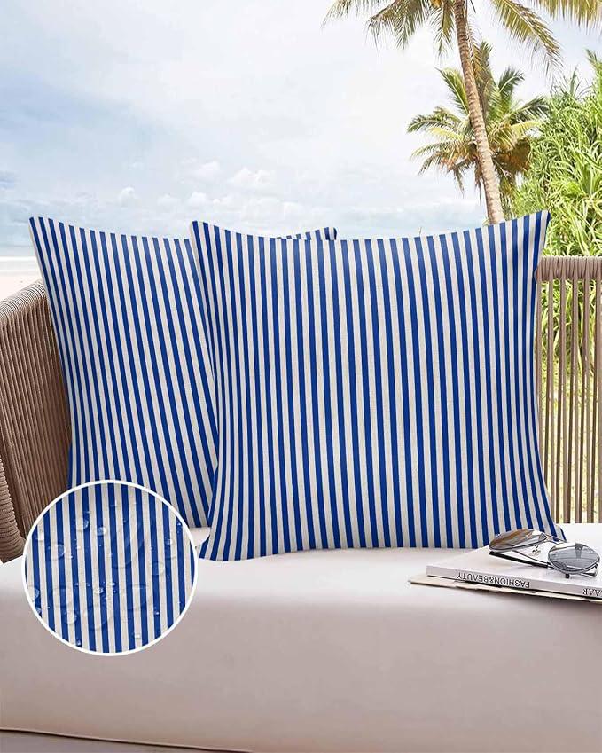 Outdoor Waterproof Throw Pillow Covers Set of 2 Navy Blue Stripes Pillowcases 20x20 Inches Linen Classic Vertical Striped Patio Decorative Pillows Cushion Case Patio Pillows for Couch Bed Chair Garden