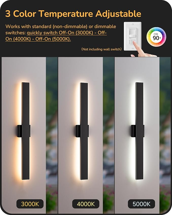 EDISHINE 31.5" LED Outdoor Wall Lights, 3CCT & 10%-100% Dimmable, IP65 Waterproof, Modern Exterior Lighting Fixtures, Long Exterior Wall Lights for Garage, Front Door, 2 Pack, Black