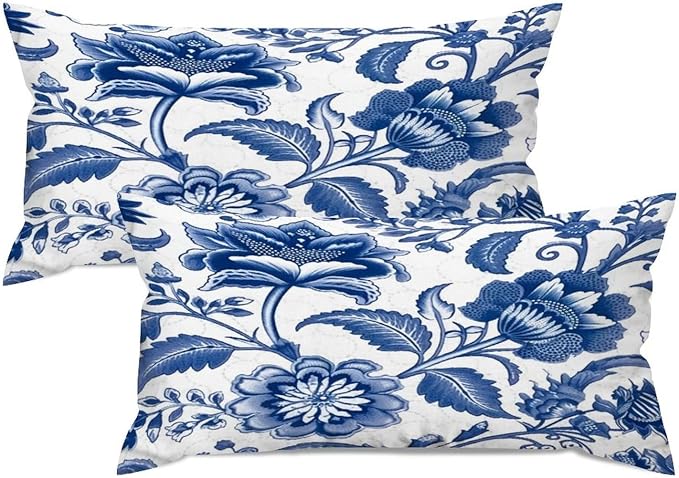 Set of 2 Blue and Ivory Indigo Floral Pillow Covers 12x24in Farmhouse Canvas Cushion Covers Outdoor for Couch Chair Home Decor for Family Friends