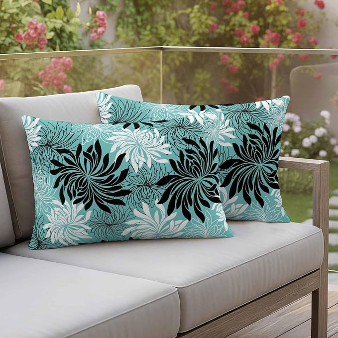 Yukro Teal Black Floral Outdoor Waterproof Pillow Covers Pack of 2, Vintage Teal White Black Flower Decorative Throw Pillowcases Cushion Covers for Garden Patio Tent Sofa Couch, 20x12 inch