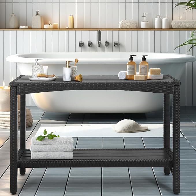 Outdoor Console Table Patio Buffet Bar Storage Organizer 45" Long Wicker Sofa Serving Sideboard Table 2-Shelf Outdoor Narrow Bar Table Tall Rectangle with Adjustable Feet for Entryway Black
