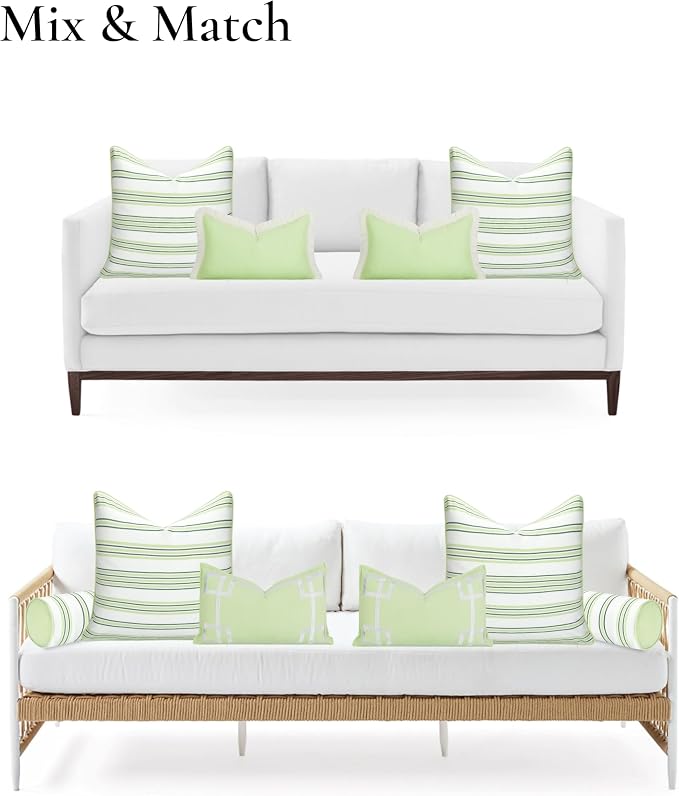 Hofdeco Premium Coastal Hampton Outdoor Performance Throw Pillow Cover Only, 20"x20" Water Repellent, UV and Fade Resistant for Backyard, Couch, Poolside, Grass Green Woven Bayside Stripes