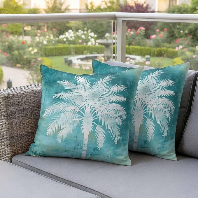 Teal Summer Palm Tree Outdoor Waterproof Pillow Covers, Coastal Beach Tropical Botanical Decorative Square Throw Pillowcase, Vintage Sofa Cushion Sham for Patio/Couch/Chair, 26"x26" 2 Pack