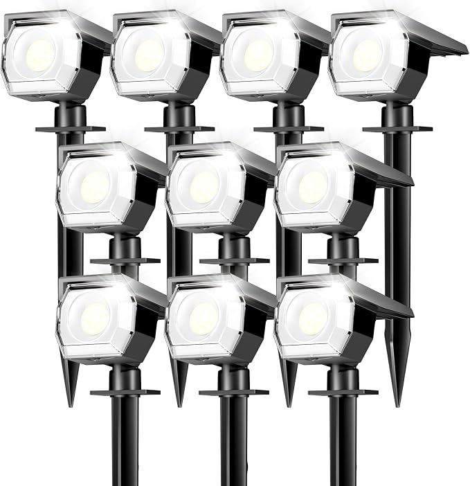 10 Pack Solar Spot Lights Outdoor Waterproof, Landscape Spotlights | Cool White, Solar Powered, Auto On/Off, Lighting for Outside Pathway Yard Lawn Flag Garden Walkway Pathway