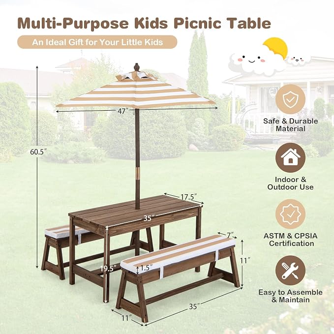 HONEY JOY Kids Picnic Table, Outdoor Wooden Table & Bench Set w/Removable Cushions and Umbrella, Stripe Fabric, Children Backyard Furniture for Patio Garden, Gift for Toddler Boys Girls Age 3+(Coffee)