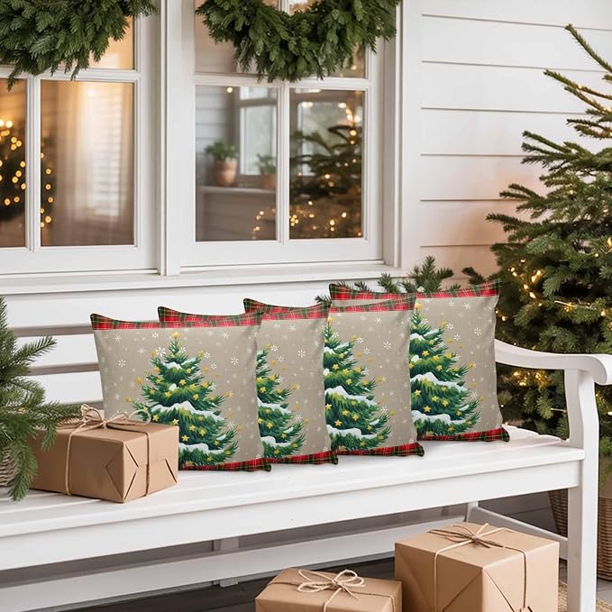 Outdoor Waterproof Throw Pillow Covers, Christmas Trees Winter Snowflake Green Red Tartan Plaid Vintage Burlap Pattern Pillowcases Cushion Covers Cases for Patio Couch Bench, Pack of 2, 18X18 Inch