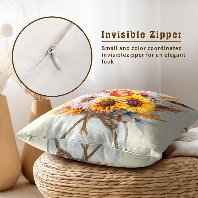 Fall Sunflower Pillow Covers 18x18 Inch Set of 2 Yellow Floral Wheat Flower Mason Jar Rustic Decorative Pillow Cushion Cases for Outdoor Couch Sofa Home Fall Harvest Party Decor