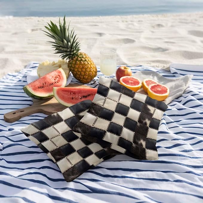 Beige Black Animal Printed Outdoor Pillow Covers 18x18 Inch Throw Pillow Covers Set of 2 Waterproof Decorative Pillow Cases Modern Fur Checkered Cushion Covers for Patio Furniture Garden Couch Sofa