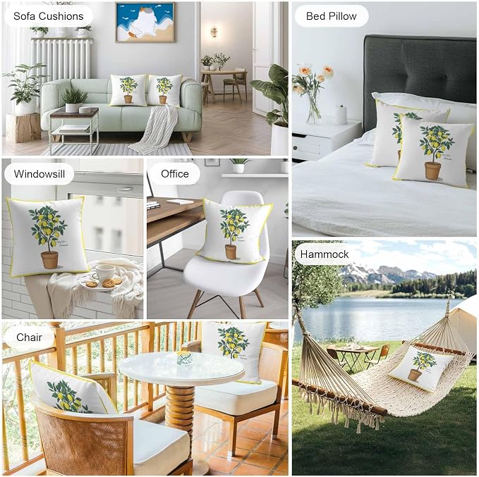 Summer Yellow Lemons Outdoor Waterproof Pillow Covers Set of 2, Green Leaf Botanical Garden Frame Pillowcase Decorative Throw Cushion Cases for Patio Garden Couch 18 x 18 Inches