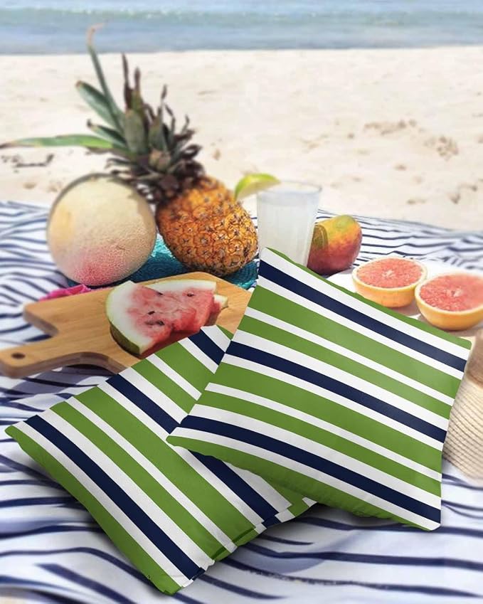 Outdoor Waterproof Throw Pillow Covers Set of 2 Navy Blue Green Stripes Decorative Outdoor Pillows Cushion Case 20x20 Inch Classic Striped Patio Pillows for Couch Sofa Bed Garden Office Home Decor