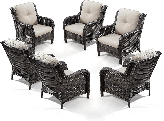 Outdoor Wicker Chair Rattan Patio Dining Chairs Set of 6 PE Wicker Patio Chairs with 4 inch Seat Cushions Patio Seating Chair for Garden, Backyard Swimming Pool, Balcony, Beige