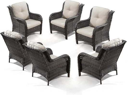 Outdoor Wicker Chair Rattan Patio Dining Chairs Set of 6 PE Wicker Patio Chairs with 4 inch Seat Cushions Patio Seating Chair for Garden, Backyard Swimming Pool, Balcony, Beige