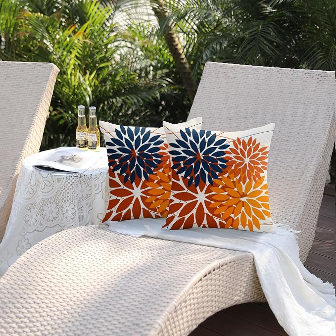 DFXSZ Pack of 2 Outdoor Waterproof Throw Pillow Covers 16x16 Blue Orange | Polyester Spring Summer Fall Floral Decorative Cushion Cases(NO INSERT),For Couch Patio Funiture Garden Home Decor