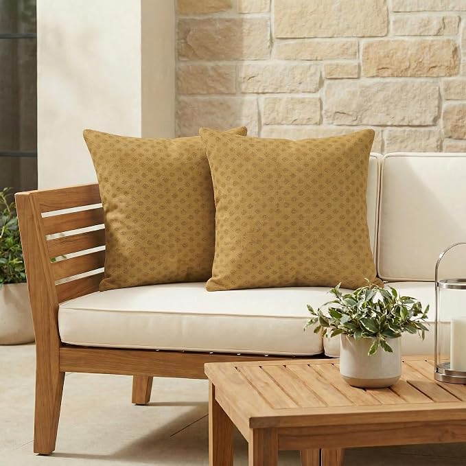 RSH DECOR: Sunbrella Square Throw Pillows Set of 2 | 17" x 17" | Water and Fade-Resistant Performance Fabric | Outdoor Pillow Covers with Down-Alternative Inserts | Made in USA (Trinket Teak)